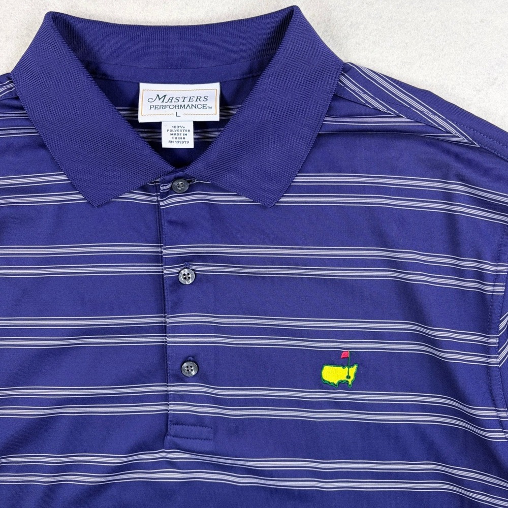 Masters Performance Mens Large Navy Blue Striped Golf Polo Augusta National